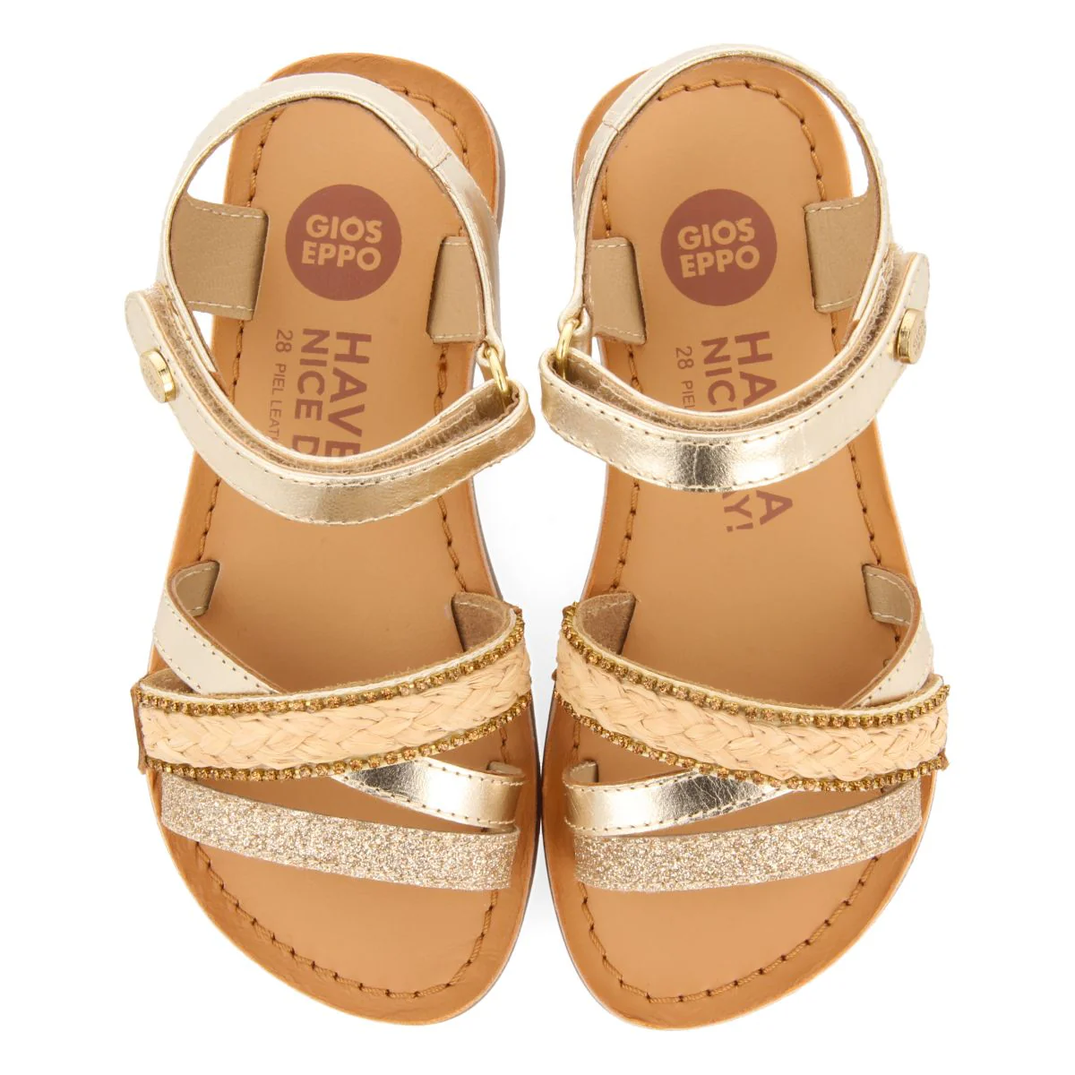 GOLDEN LEATHER SANDALS WITH RAFFIA BRAIDING, GLITTER, AND METALLIC ACCENTS FOR GIRL AND BOY SILETZ - Image 4
