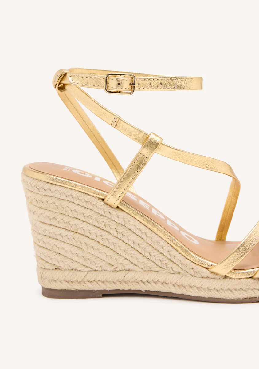 GOLDEN LEATHER SANDALS WITH STRAPS AND HIGH JUTE WEDGE FOR WOMEN ORIKUM - Image 3