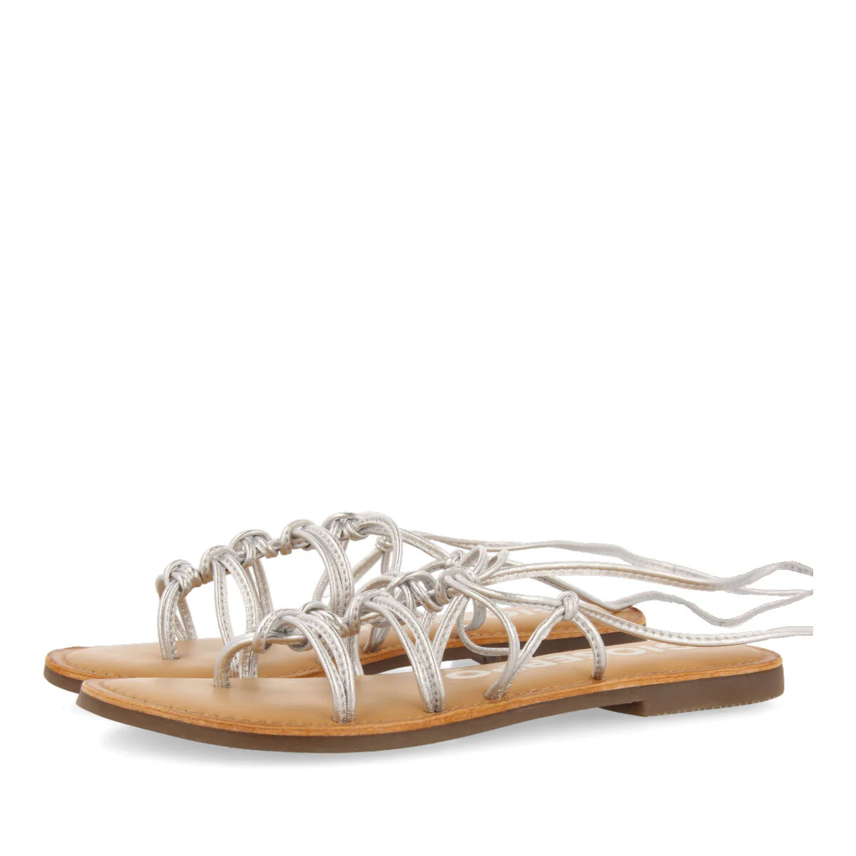 Kern women's flat silver leather sandals with thin straps and decorative knots - Image 2
