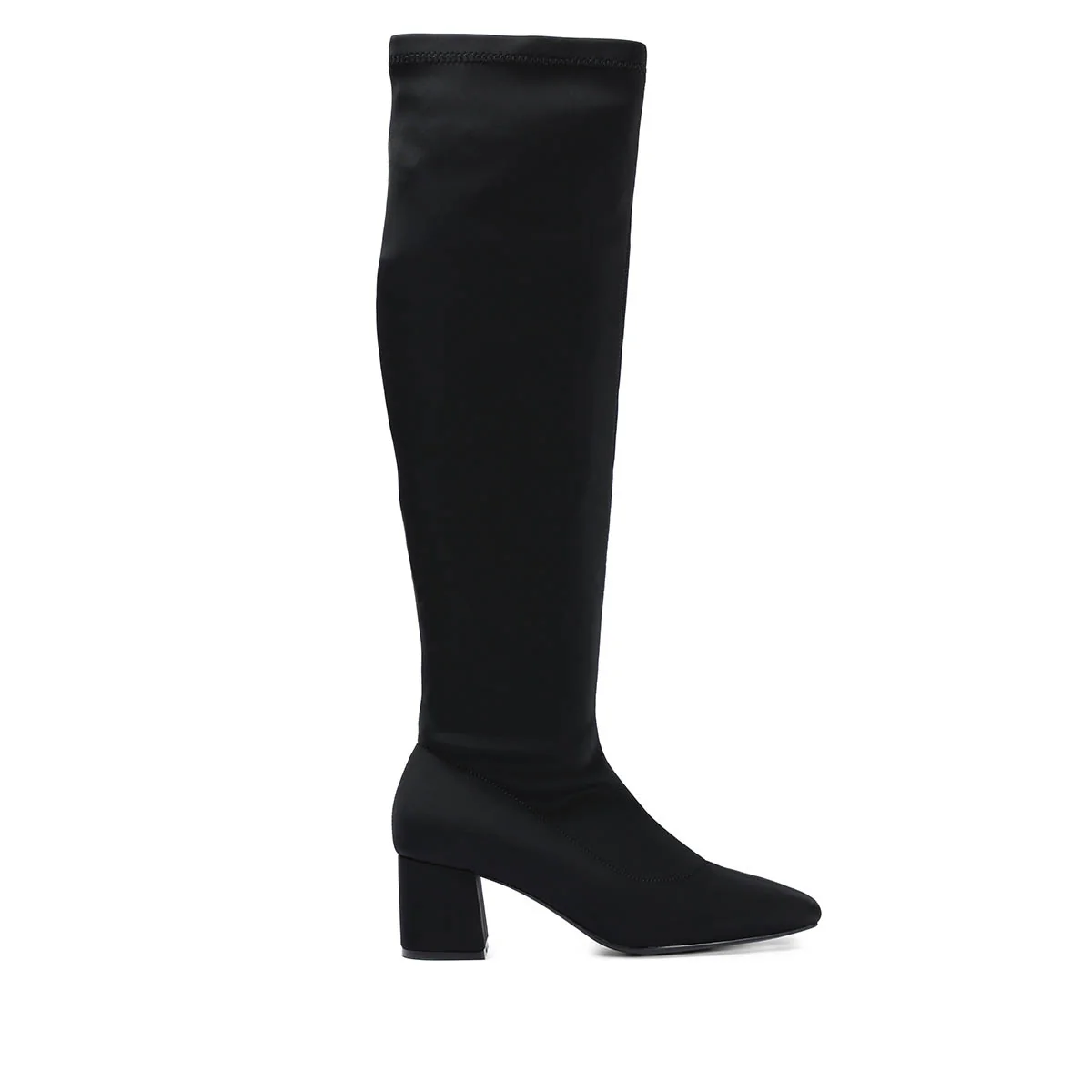 Kiberg women's stretchy black thigh-high boots with mid heels and semi-square toes