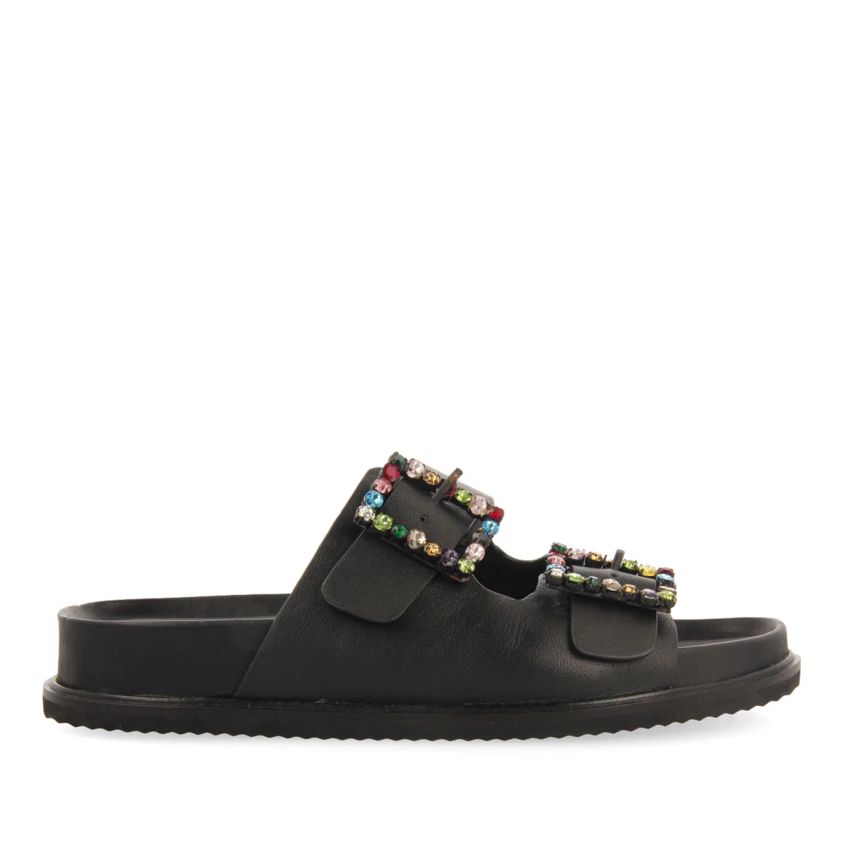 Koronadal women's black footbed sandals with multicoloured crystal buckles - Image 2