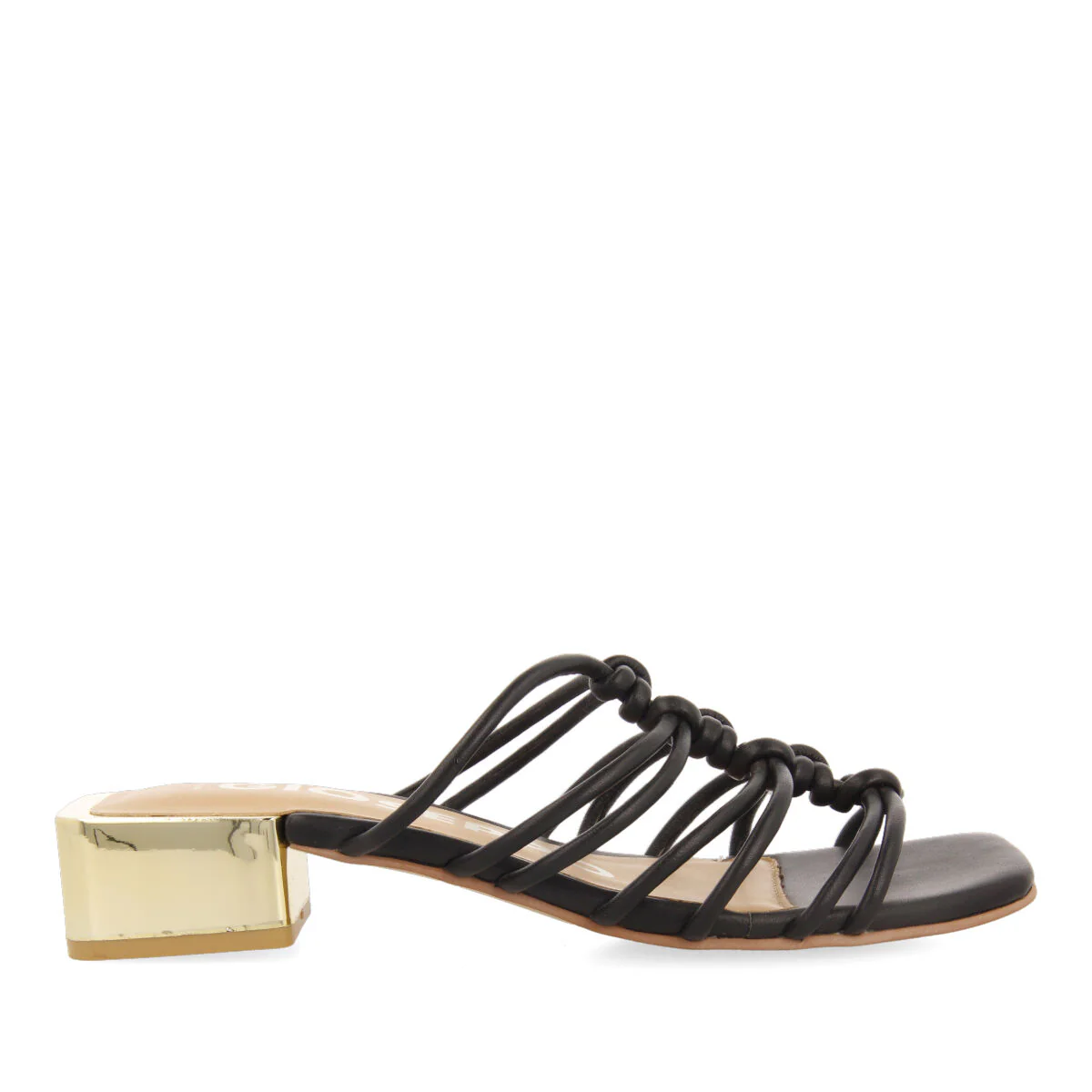 Kupang women's black leather sandals with low heels and straps with knots