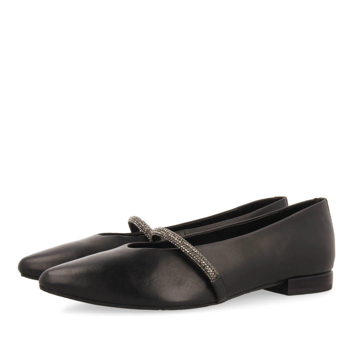 Lamlash women's black leather ballet flats with a rhinestone strap - Image 3