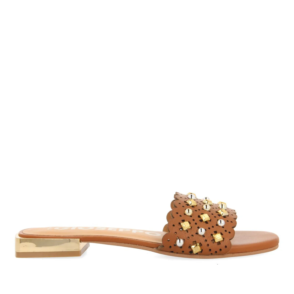 LEATHER COLORED SLIP-ON SANDALS WITH STUD EMBELLISHMENTS FOR WOMEN LABIN