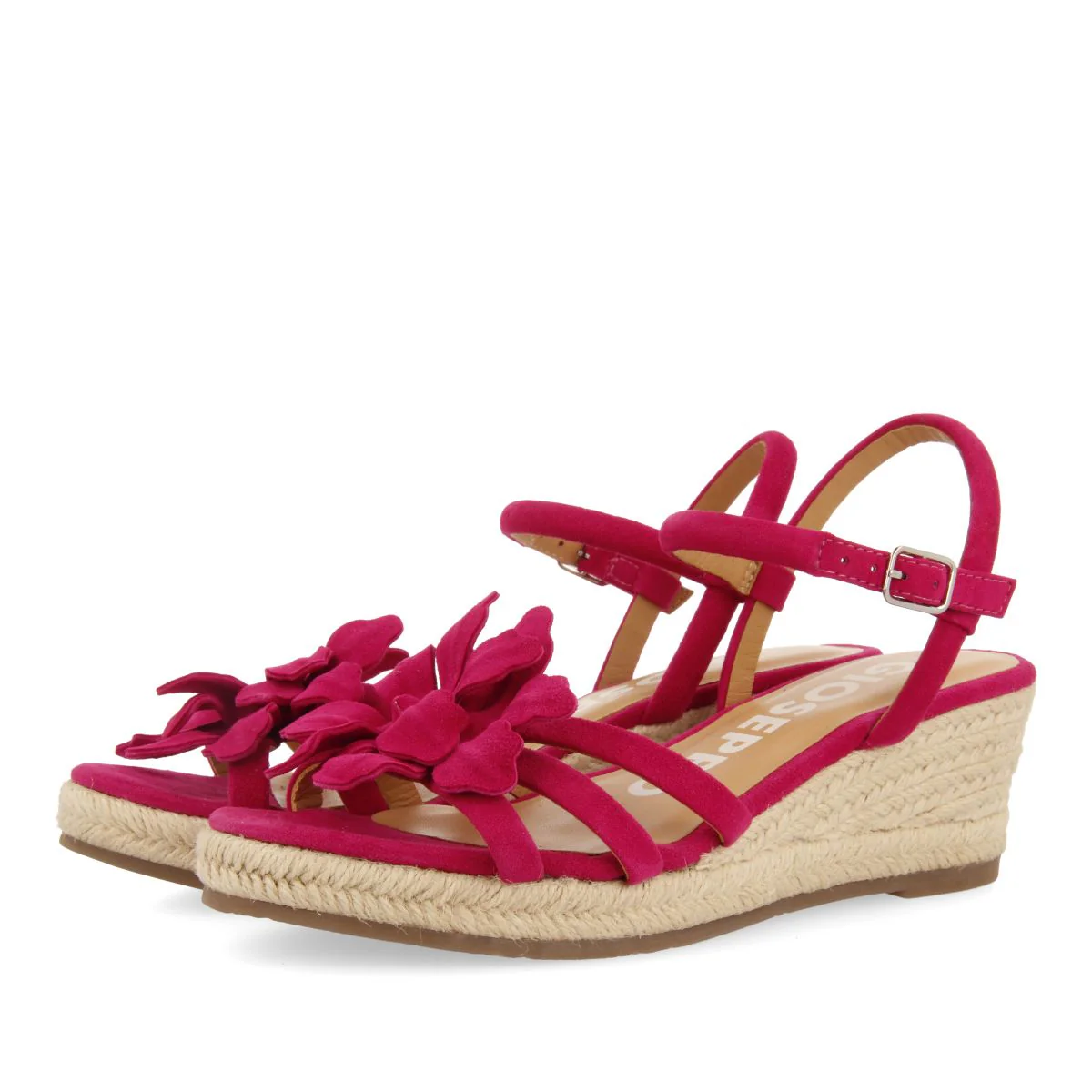 LEATHER FUCHSIA SANDALS WITH FLOWER EMBELLISHMENT AND JUTE WEDGE FOR WOMEN SAMSULA - Image 2