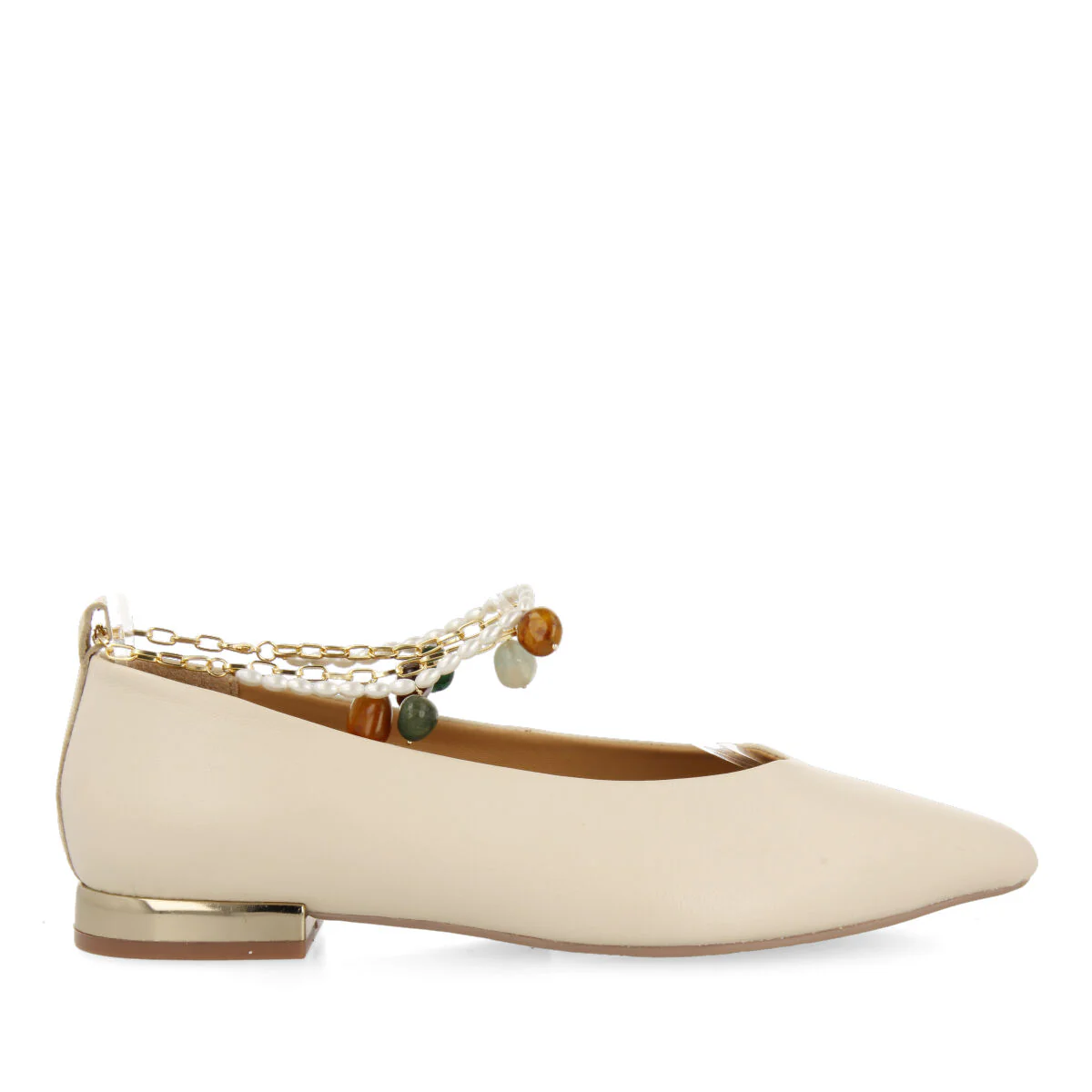 Lezinnes women's off-white leather ballet flats with an ankle strap with pearls and a chain