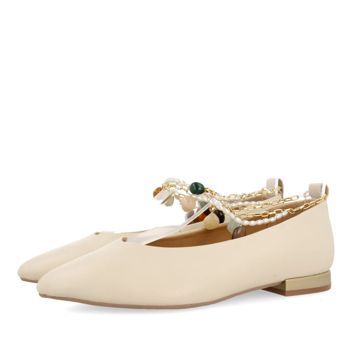 Lezinnes women's off-white leather ballet flats with an ankle strap with pearls and a chain - Image 3
