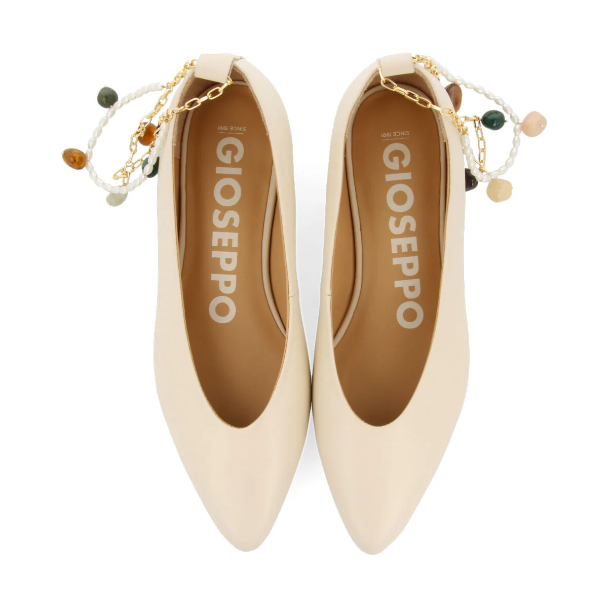 Lezinnes women's off-white leather ballet flats with an ankle strap with pearls and a chain - Image 4