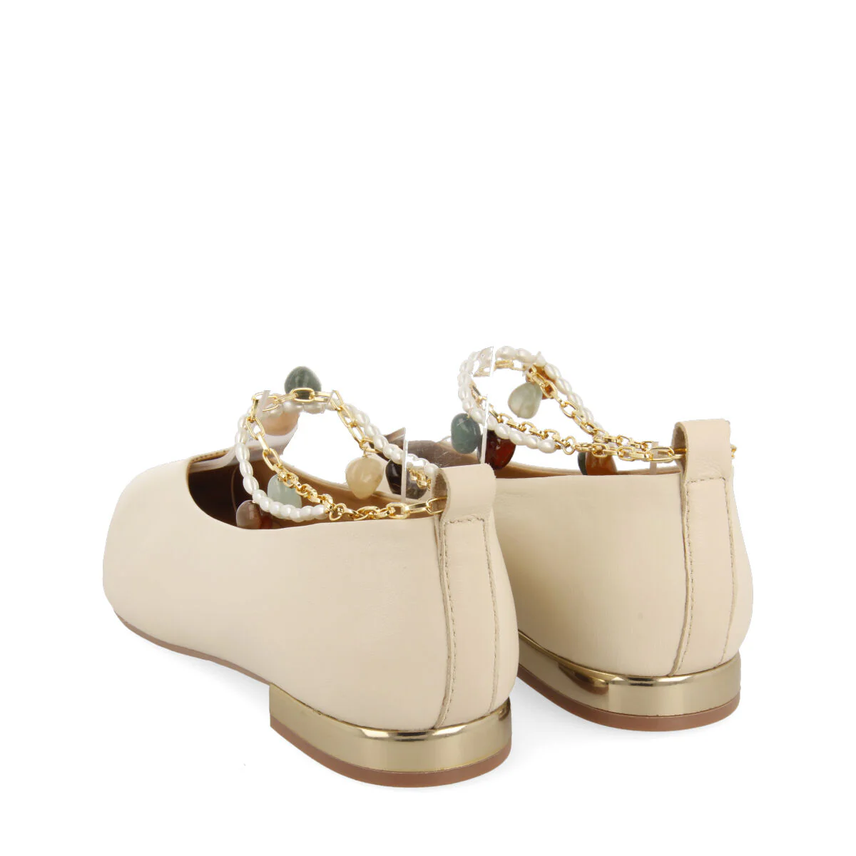 Lezinnes women's off-white leather ballet flats with an ankle strap with pearls and a chain - Image 5