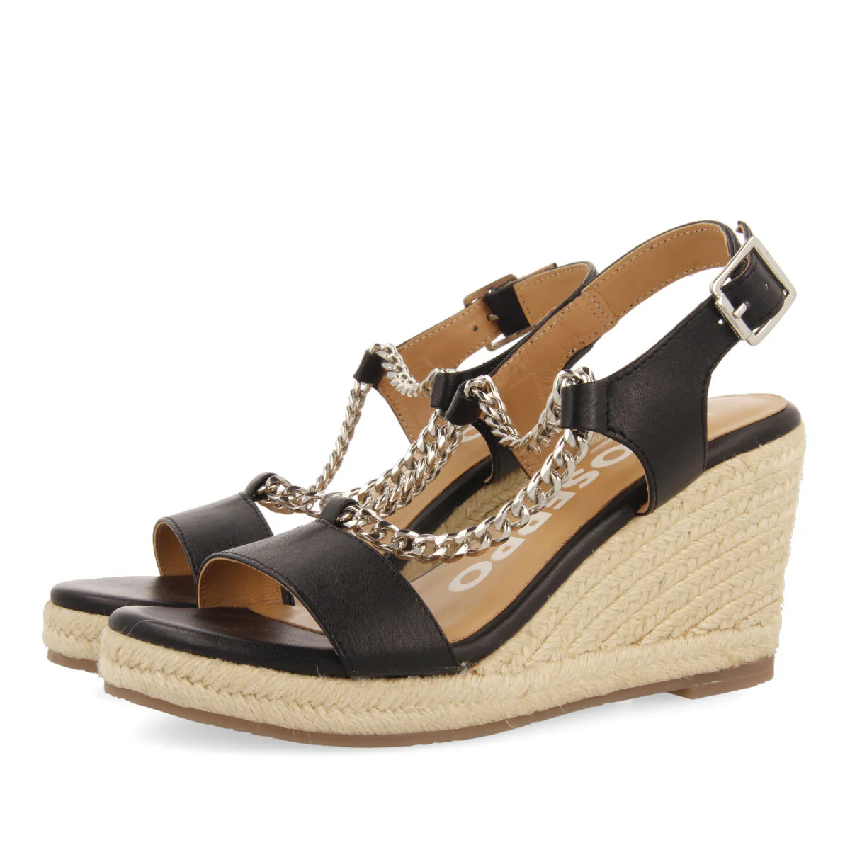 Looze women's black leather sandals with decorative chain and jute wedges - Image 3