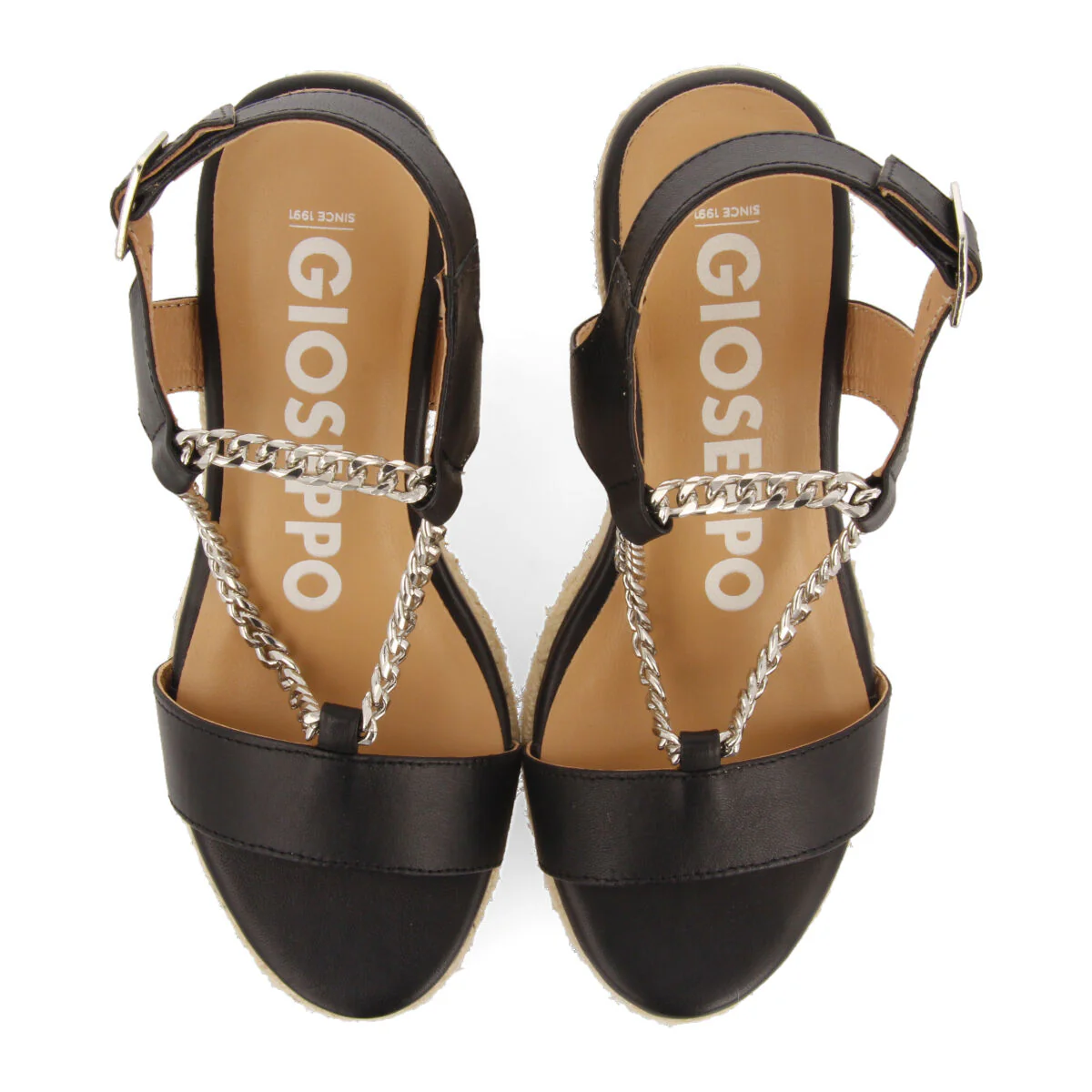 Looze women's black leather sandals with decorative chain and jute wedges - Image 4