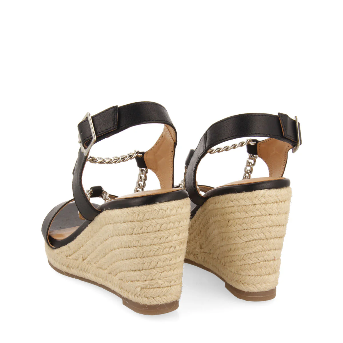 Looze women's black leather sandals with decorative chain and jute wedges - Image 5