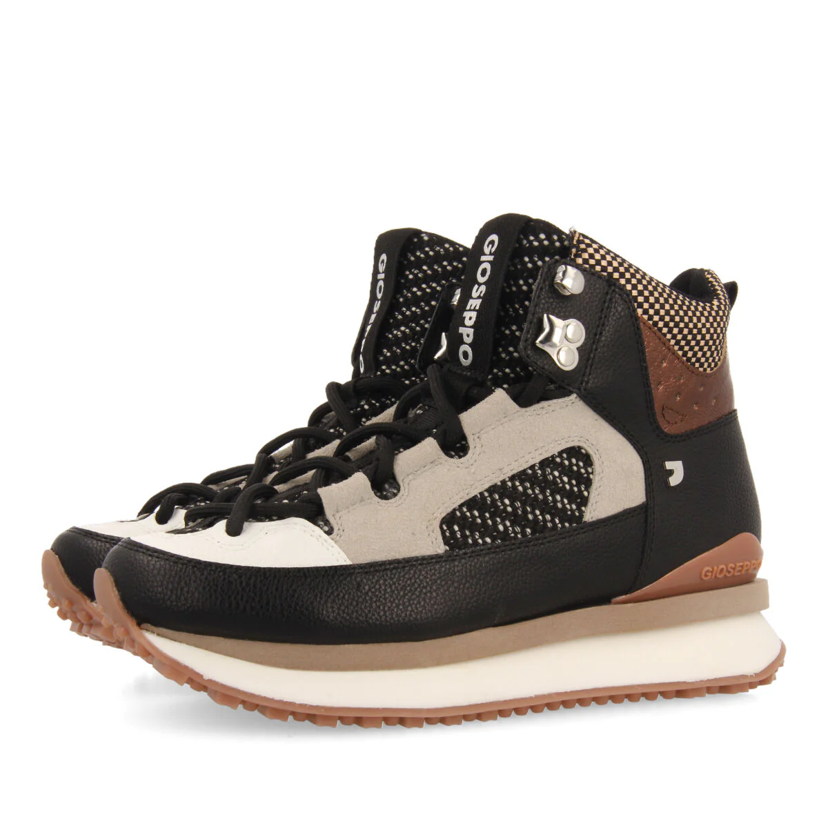 Lustenau women's brown mountain boot-style sneakers featuring different textures and pieces in black, white and copper - Image 2