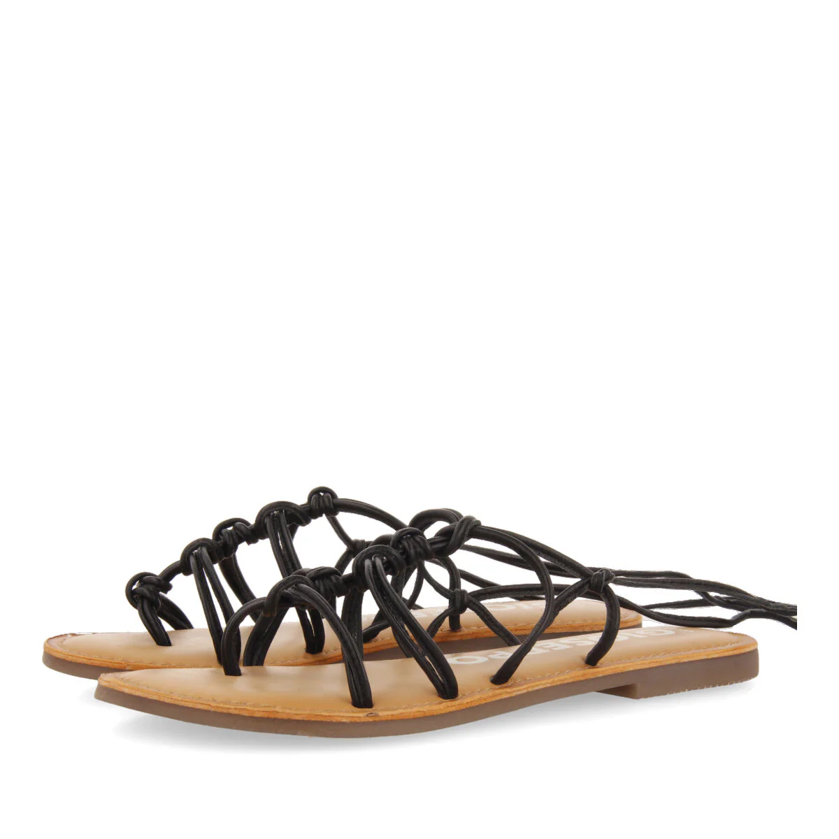 Mambai women's flat black leather sandals with thin straps and decorative knots - Image 2