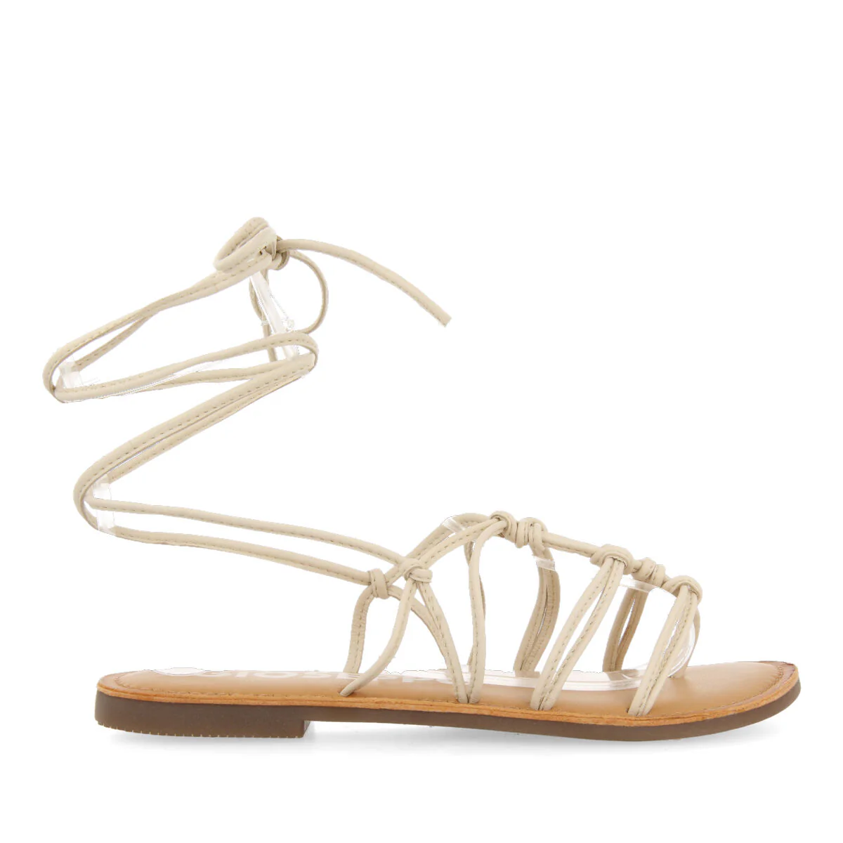 Mambai women's flat off-white leather sandals with thin straps and decorative knots