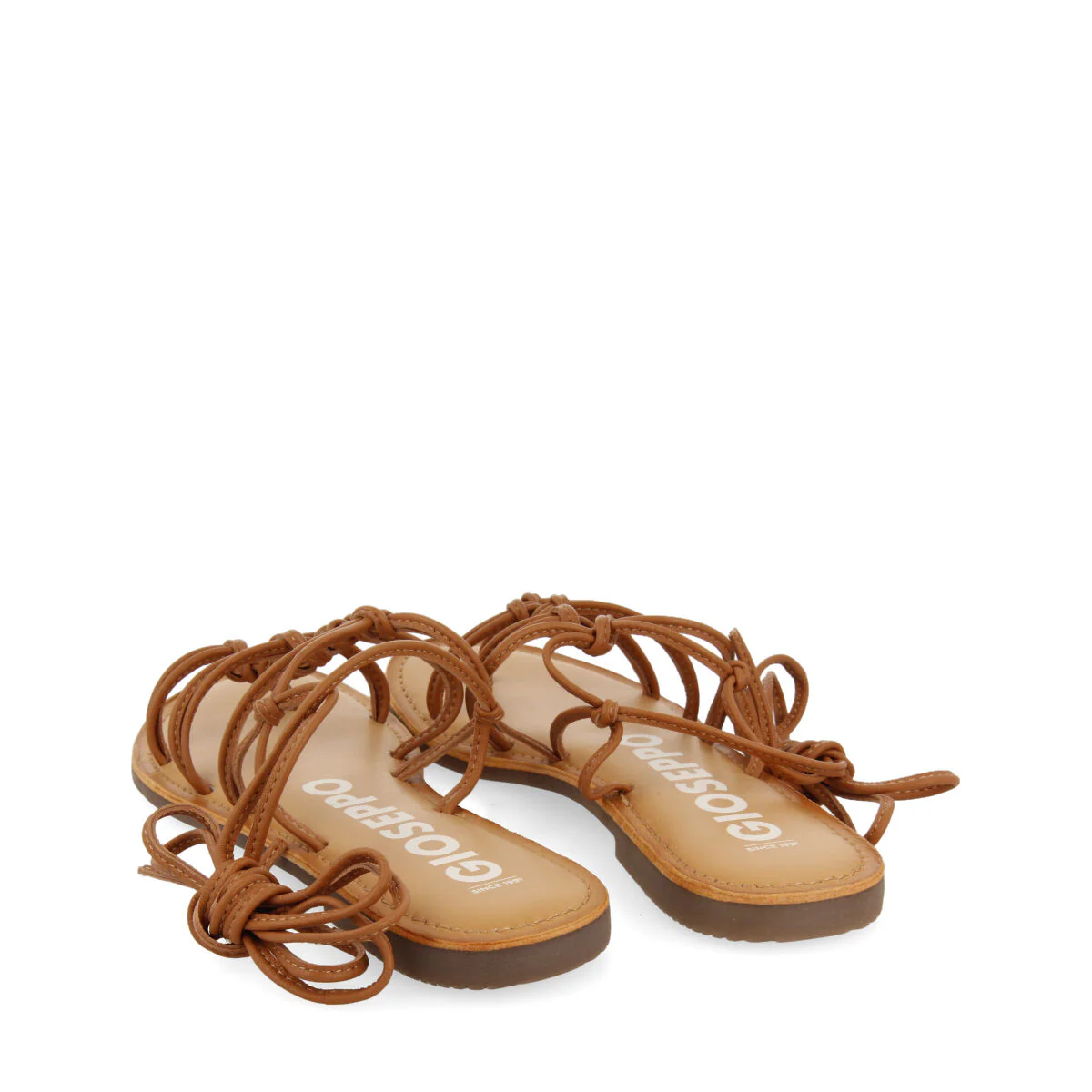 Mambai women's flat tan leather sandals with thin straps and decorative knots - Image 4
