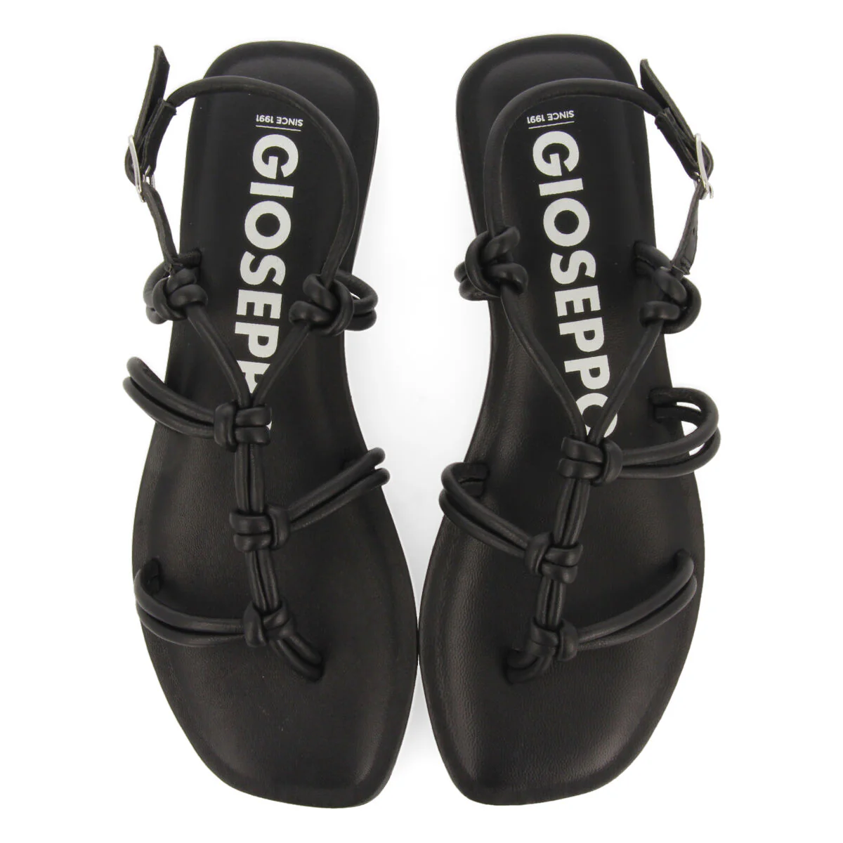 Matinha women's flat black leather sandals with thin straps and decorative knots - Image 3