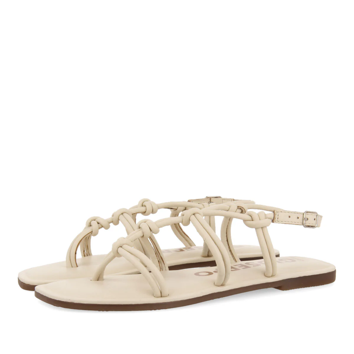 Matinha women's flat off-white leather sandals with thin straps and decorative knots - Image 2