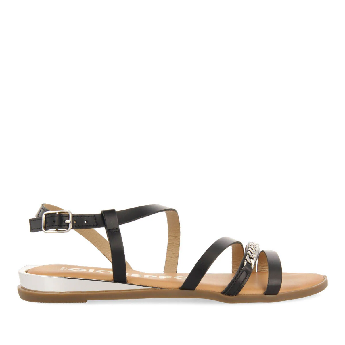 Mazion women's black sandals with straps and decorative chain