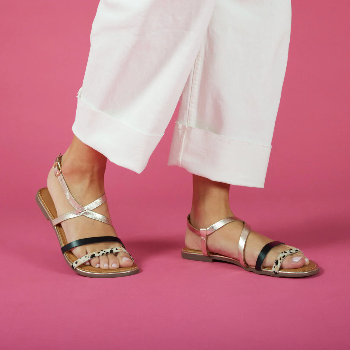Megara women's sandals with gold straps and cow print - Image 2