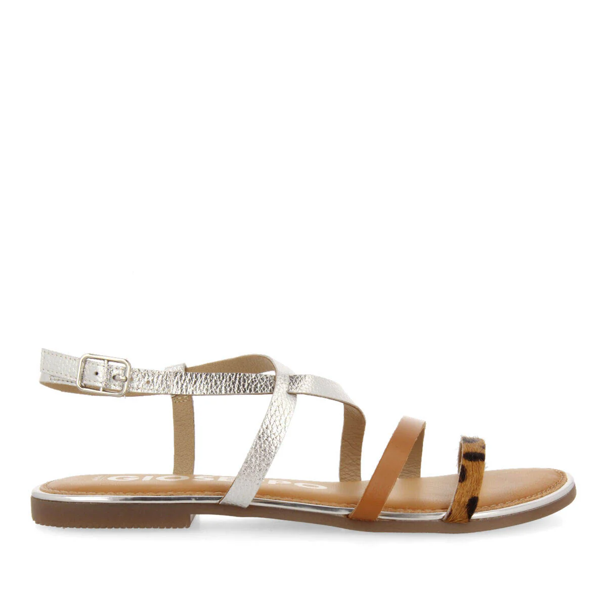 Megara women's sandals with silver straps and leopard print