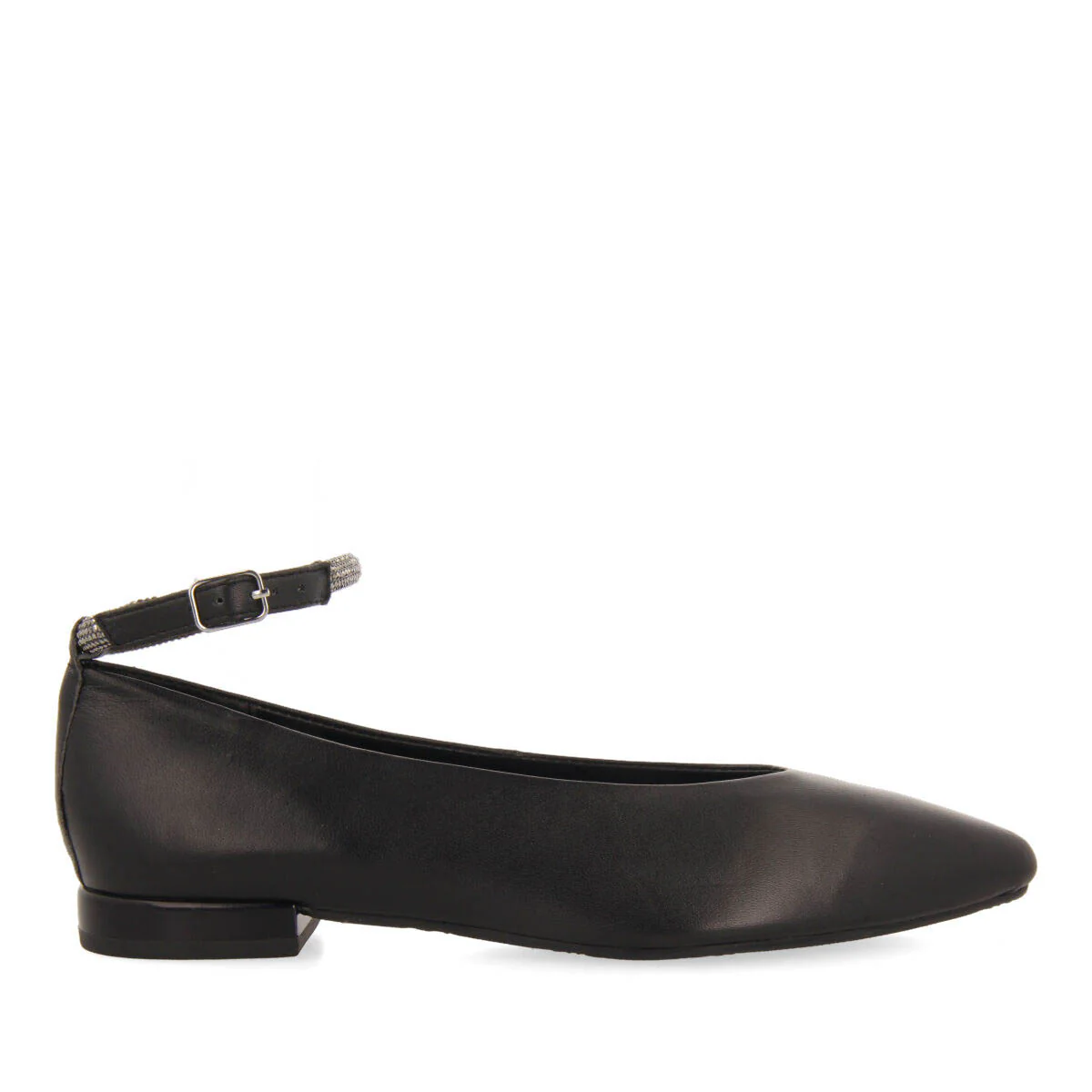 Menno women's black leather ballet flats with a rhinestone strap