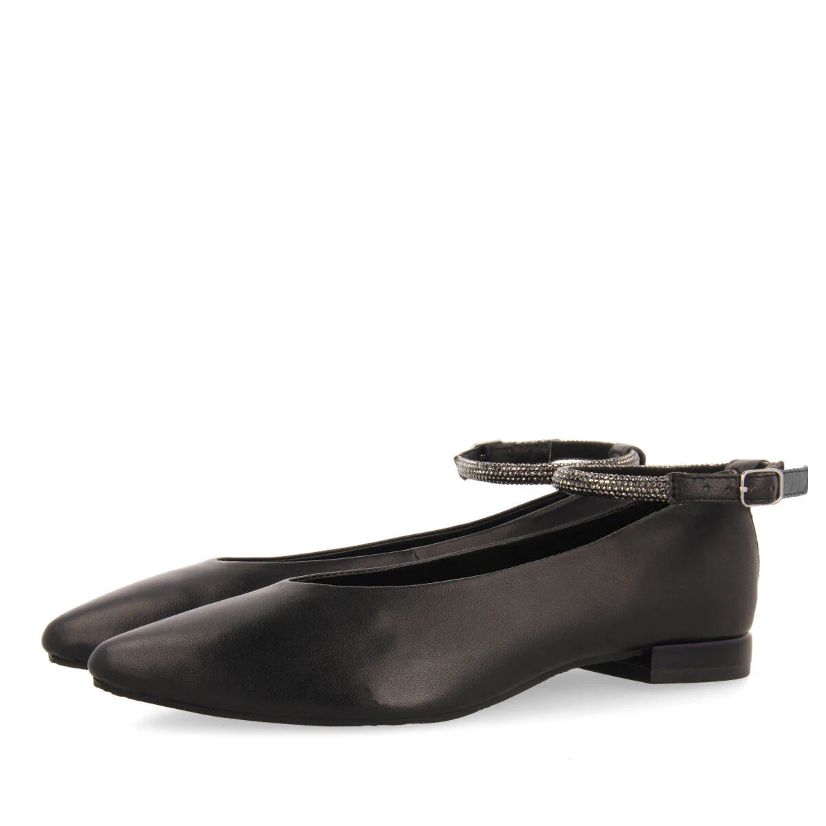 Menno women's black leather ballet flats with a rhinestone strap - Image 2