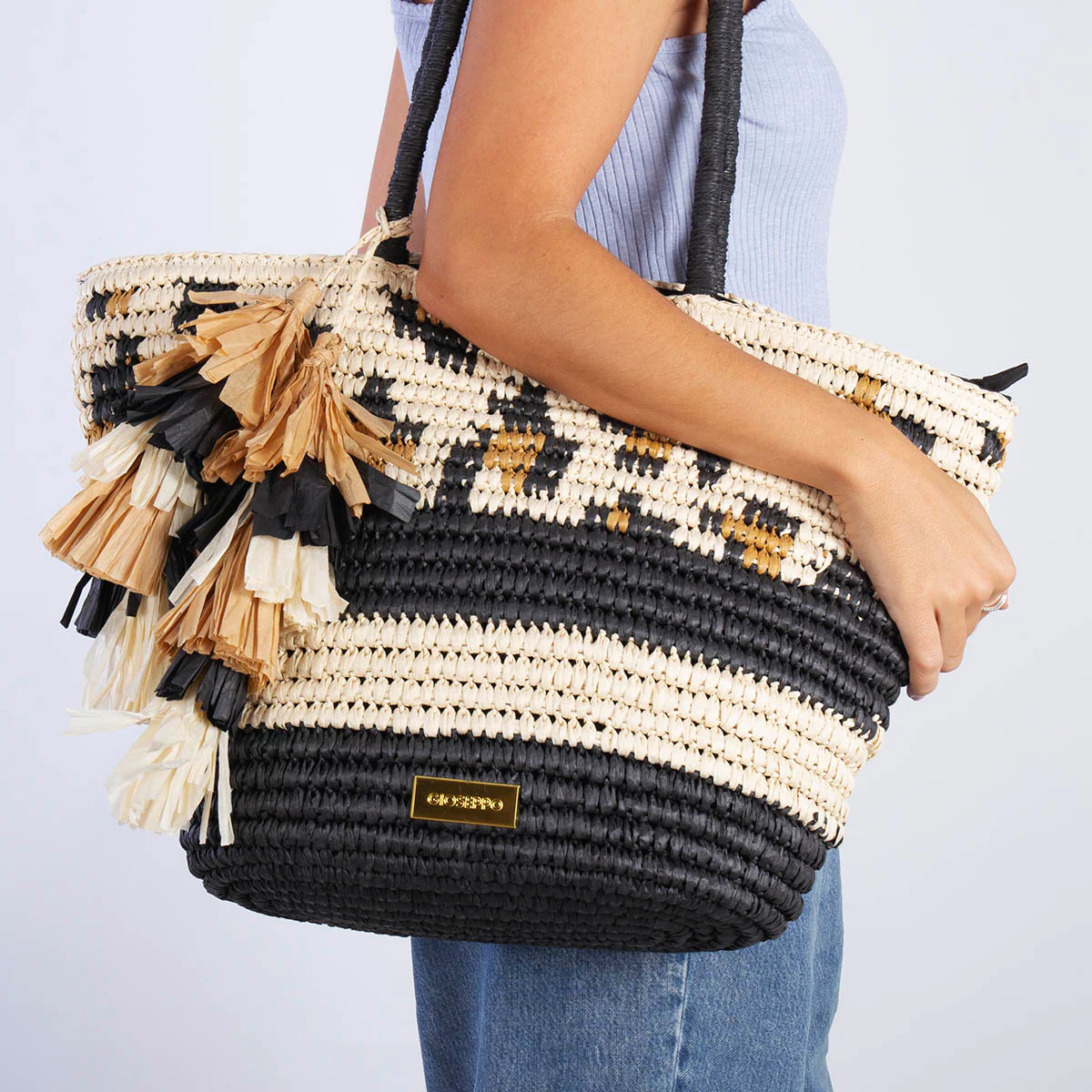 NATURAL COLOR BASKET WITH FRINGES, ANIMAL PRINT AND CONTRAST BANDS RAMACCA - Image 2
