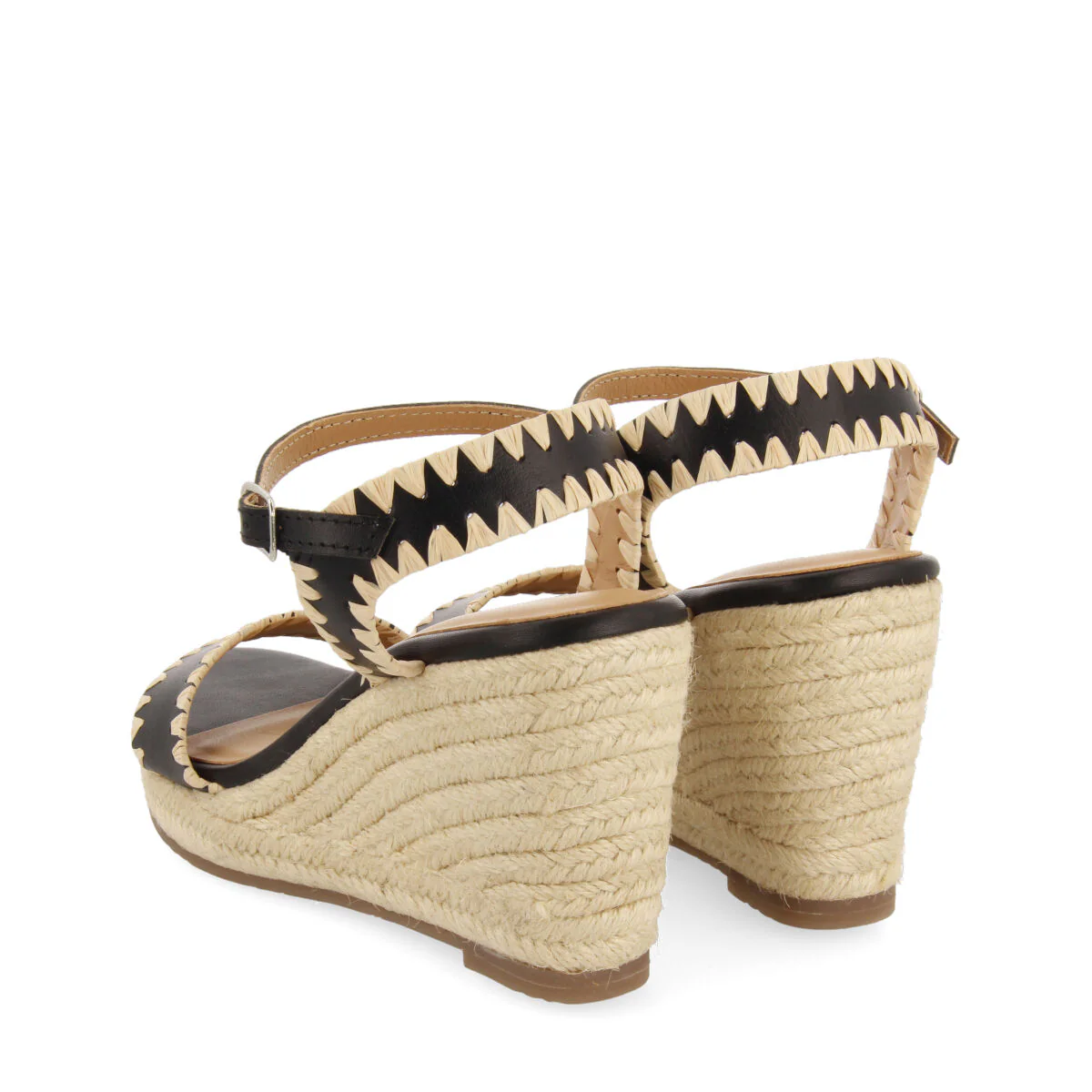 Neiva women's black leather sandals with topstitching and jute wedges - Image 4