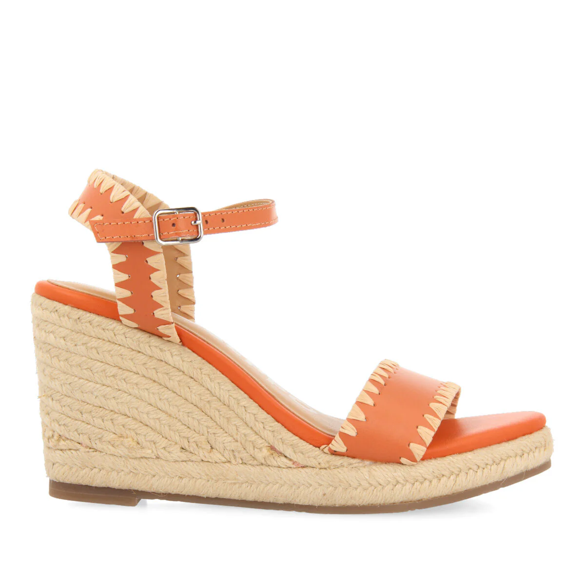 Neiva women's orange leather sandals with topstitching and jute wedges