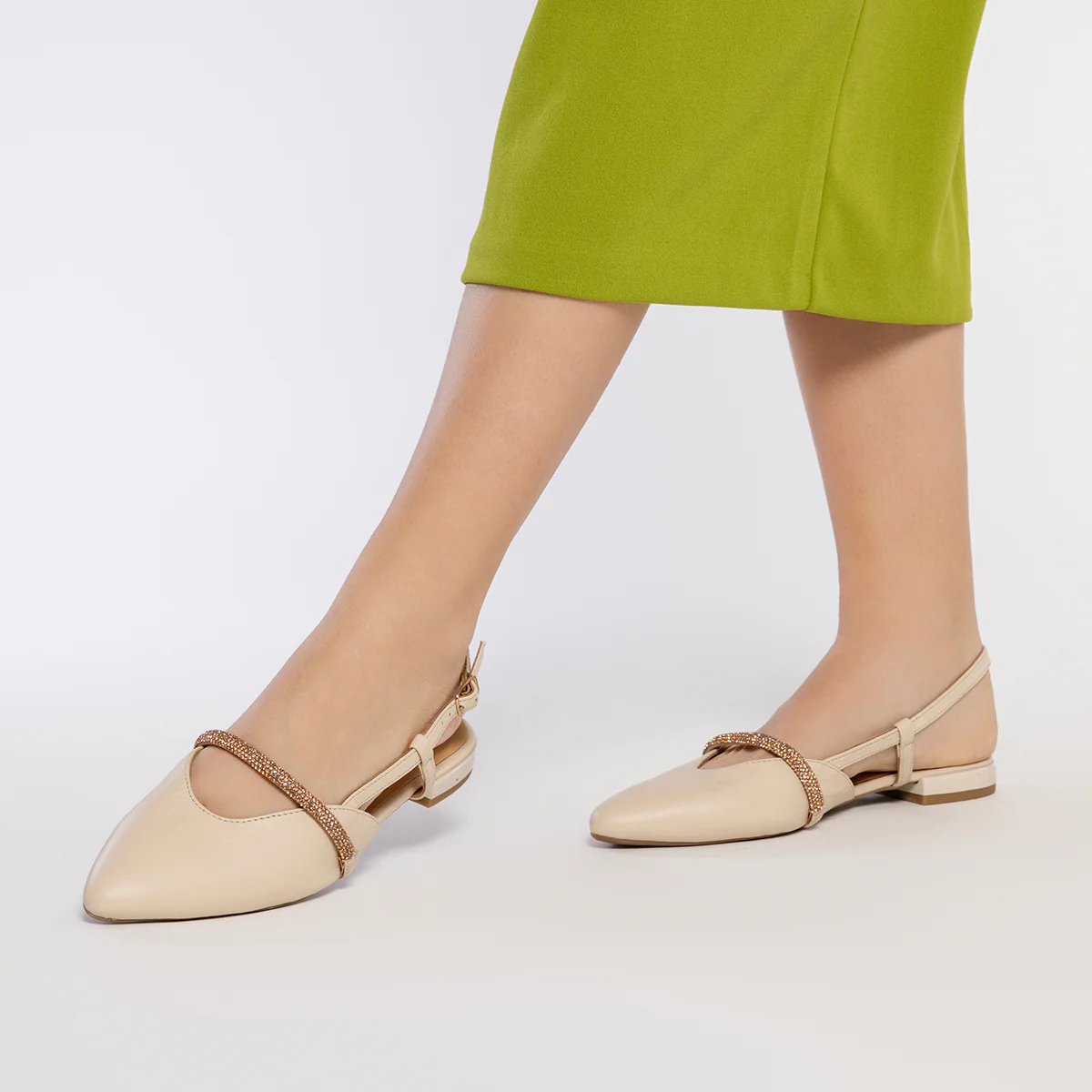 OFF-WHITE LEATHER SLIP-ON BALLERINAS WITH JEWEL DETAIL STRAP FOR WOMEN GODRANO - Image 2