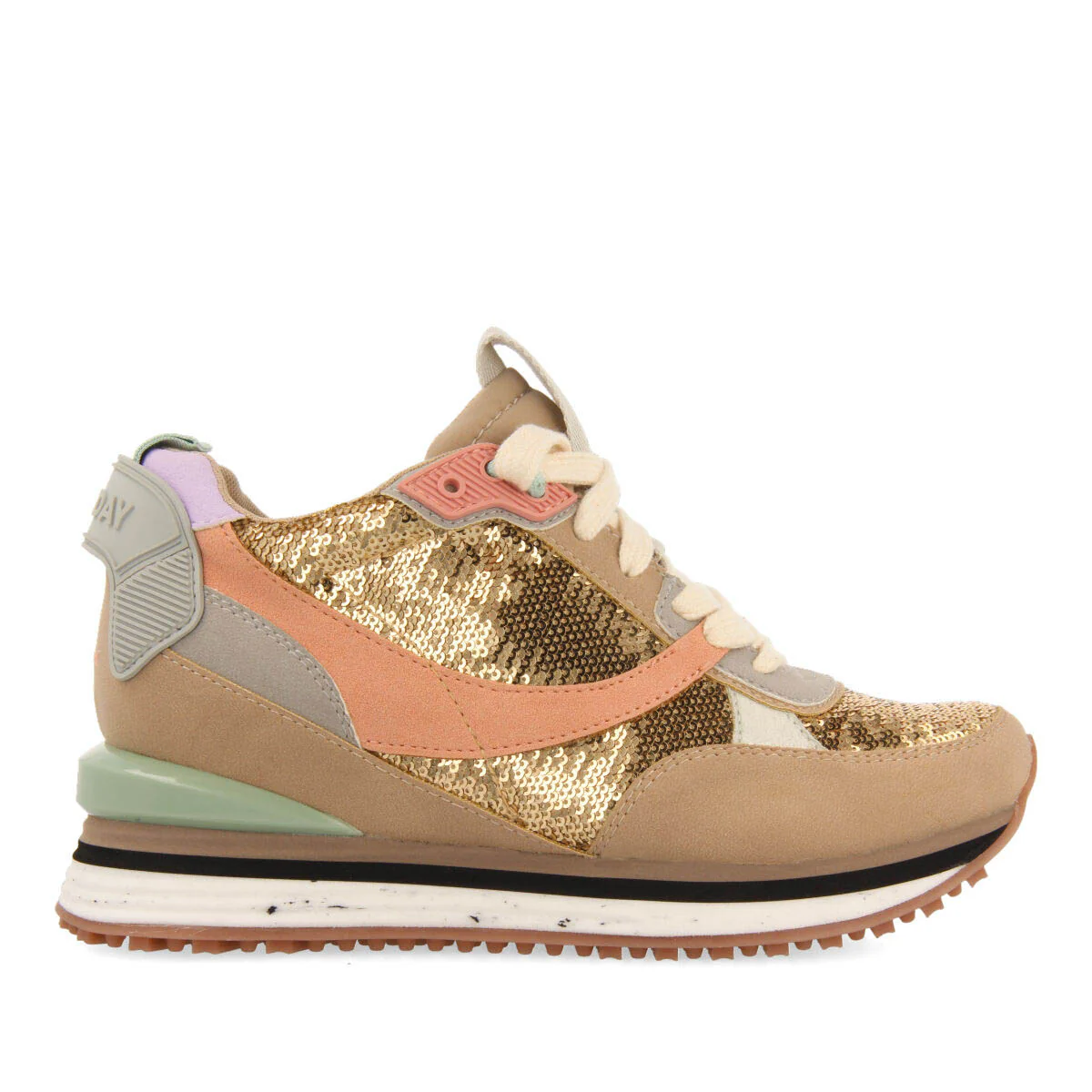 Okaton women's sneakers with gold sequins and inner wedges