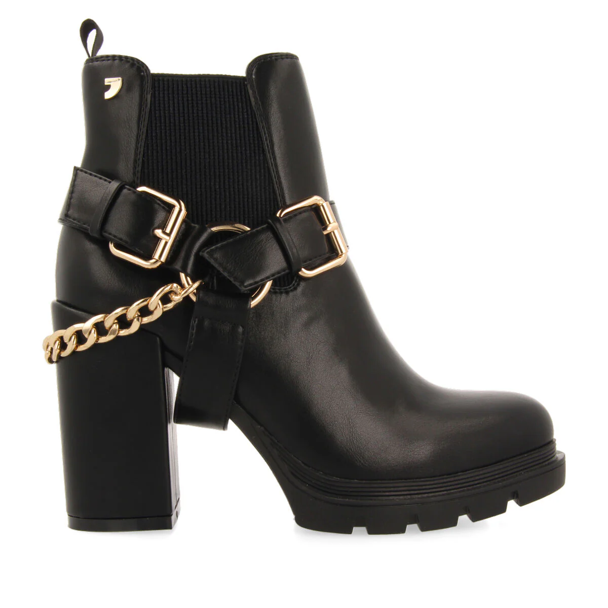 Okreek women's black chelsea boots with buckles, track soles and a chain