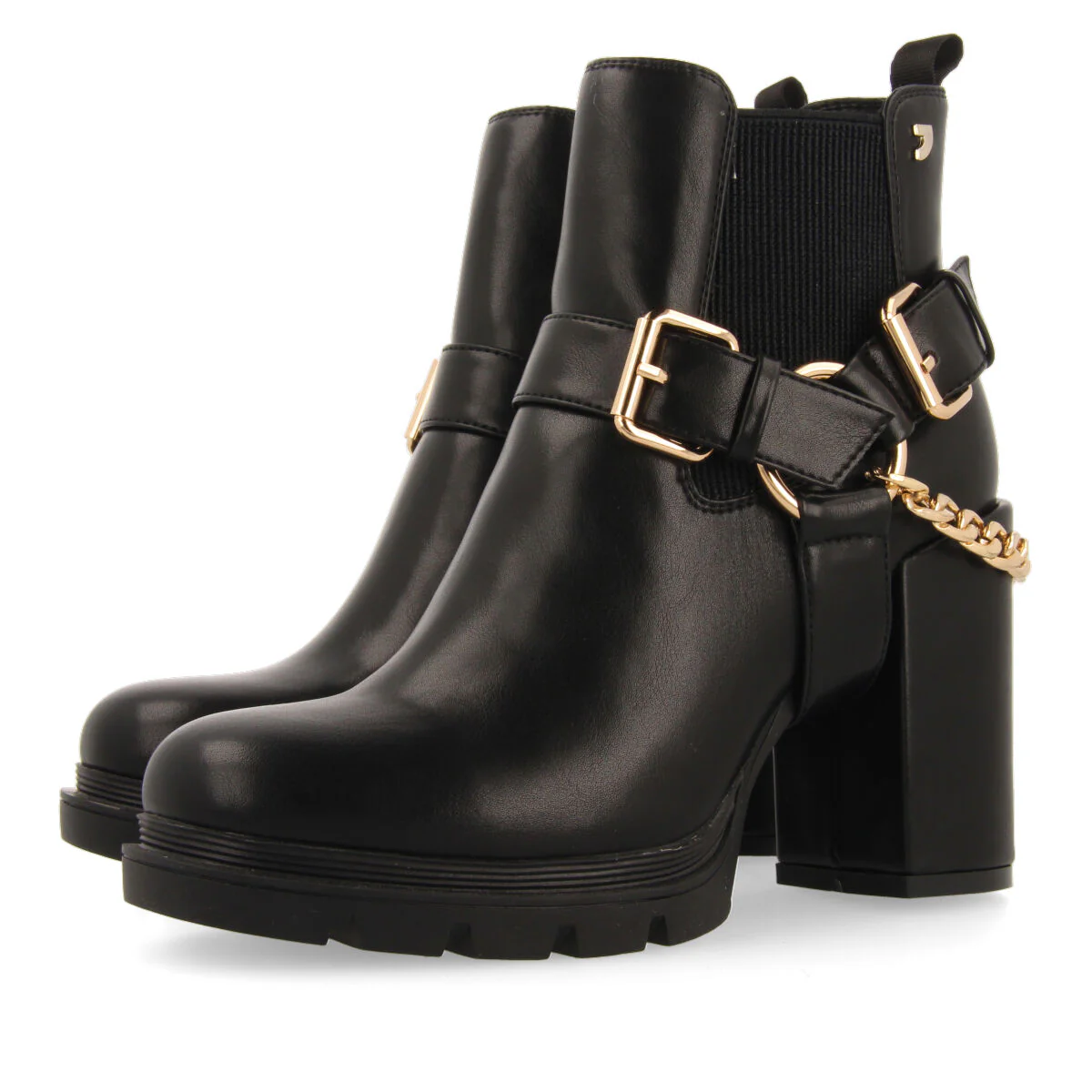 Okreek women's black chelsea boots with buckles, track soles and a chain - Image 3