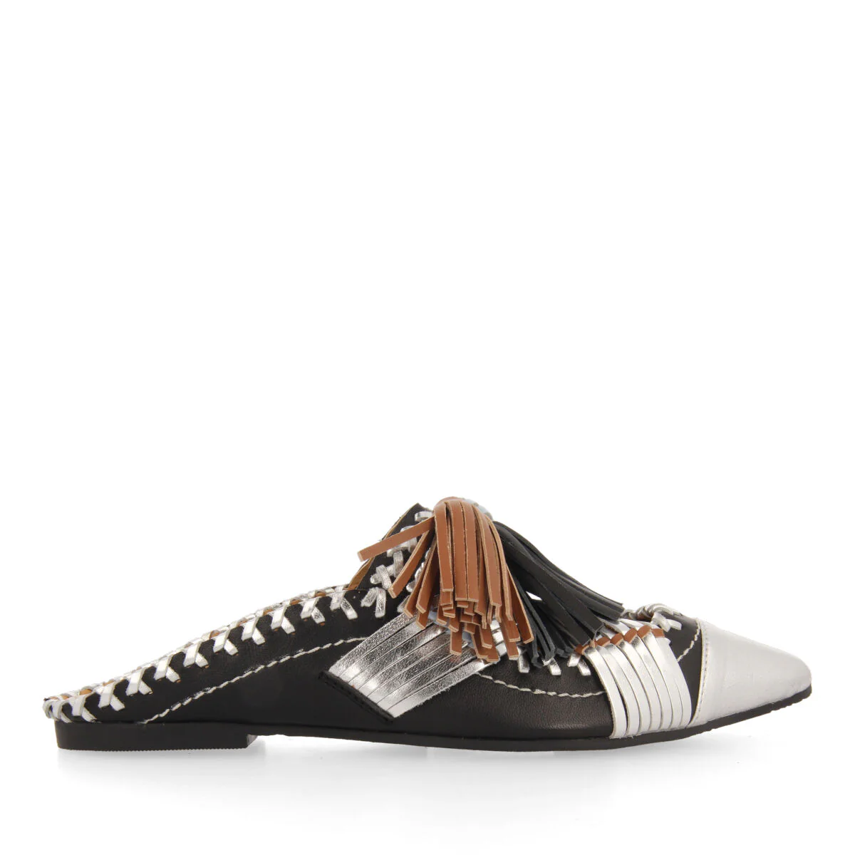 Papantla women's black leather mules with tassels