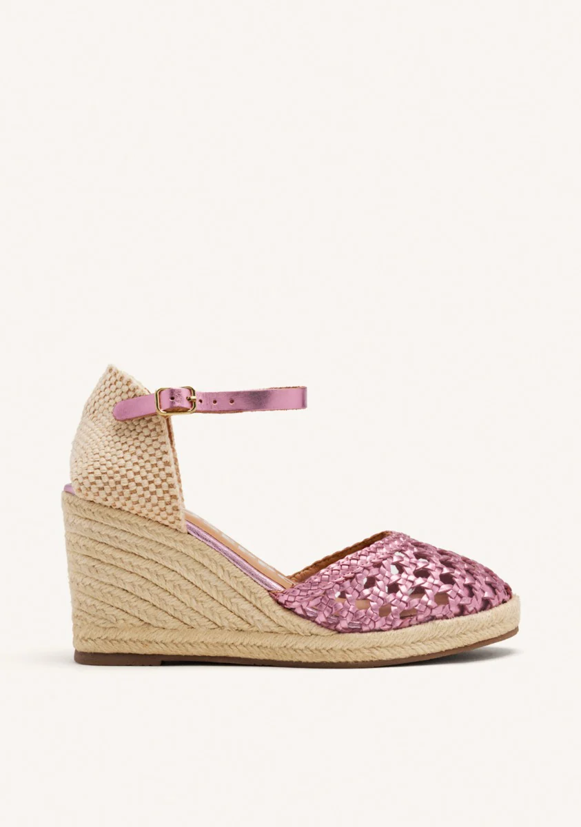 PINK WOVEN LEATHER ESPADRILLES WITH HIGH JUTE WEDGE FOR WOMEN SERIGNAN