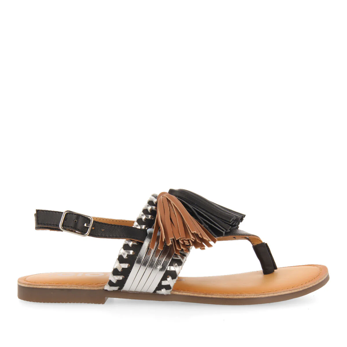 Piritu women's black and silver sandals with tassels