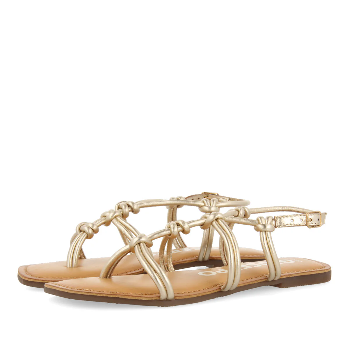Rosny women's flat gold leather sandals with thin straps and decorative knots - Image 2