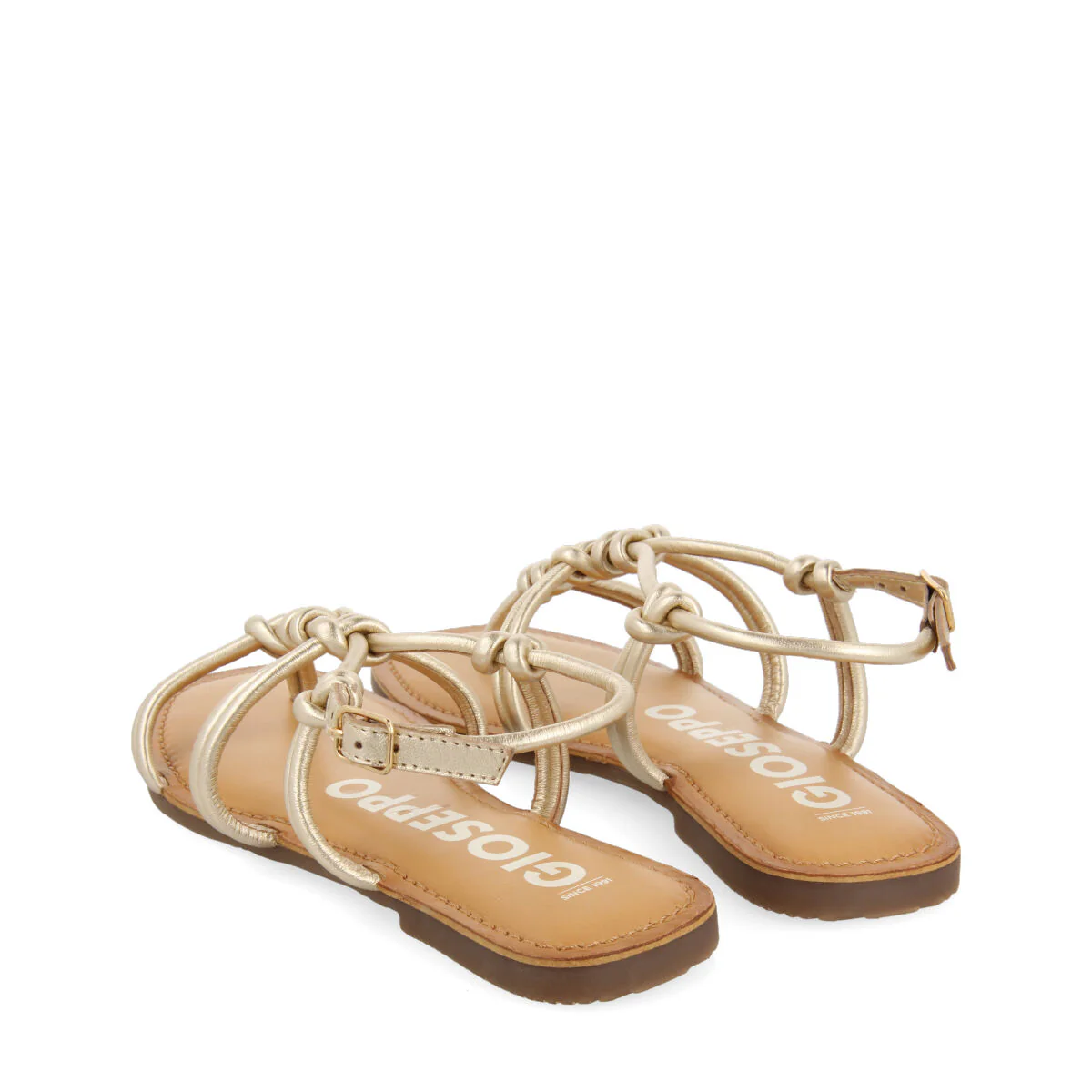 Rosny women's flat gold leather sandals with thin straps and decorative knots - Image 3