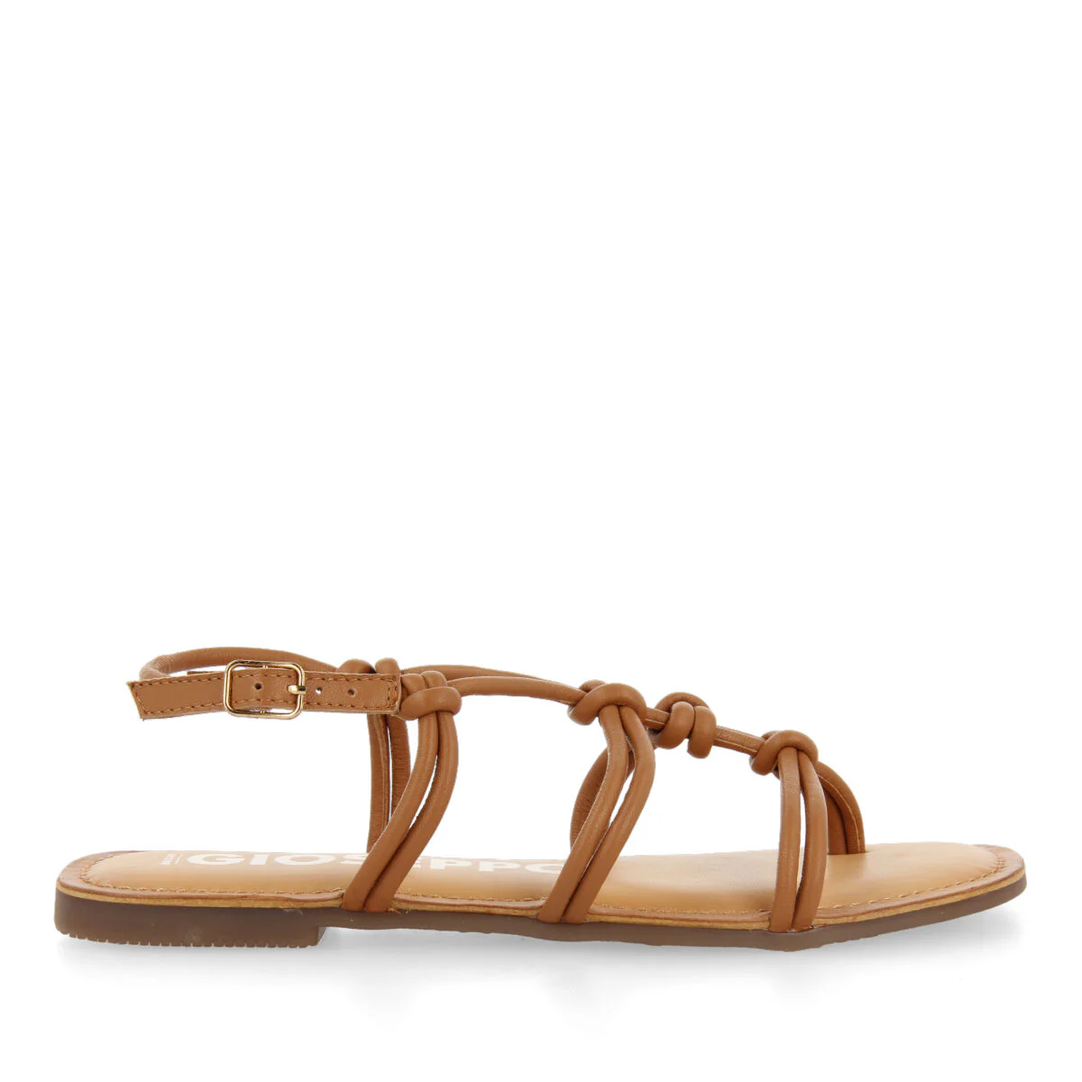 Rosny women's flat tan sandals with thin straps and decorative knots