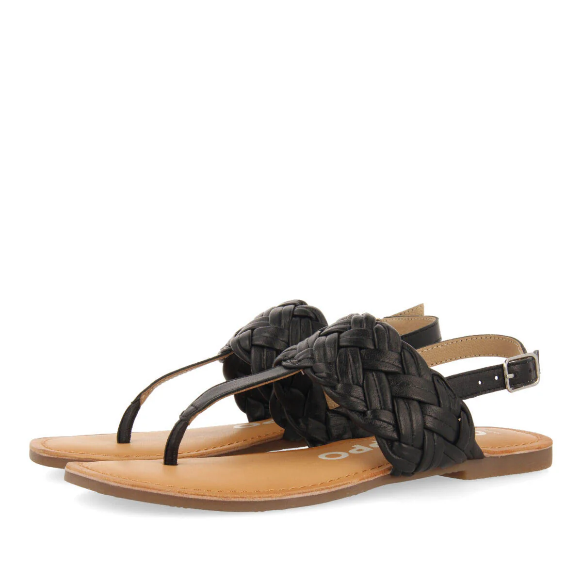 Sergines women's flat black braided leather sandals - Image 2