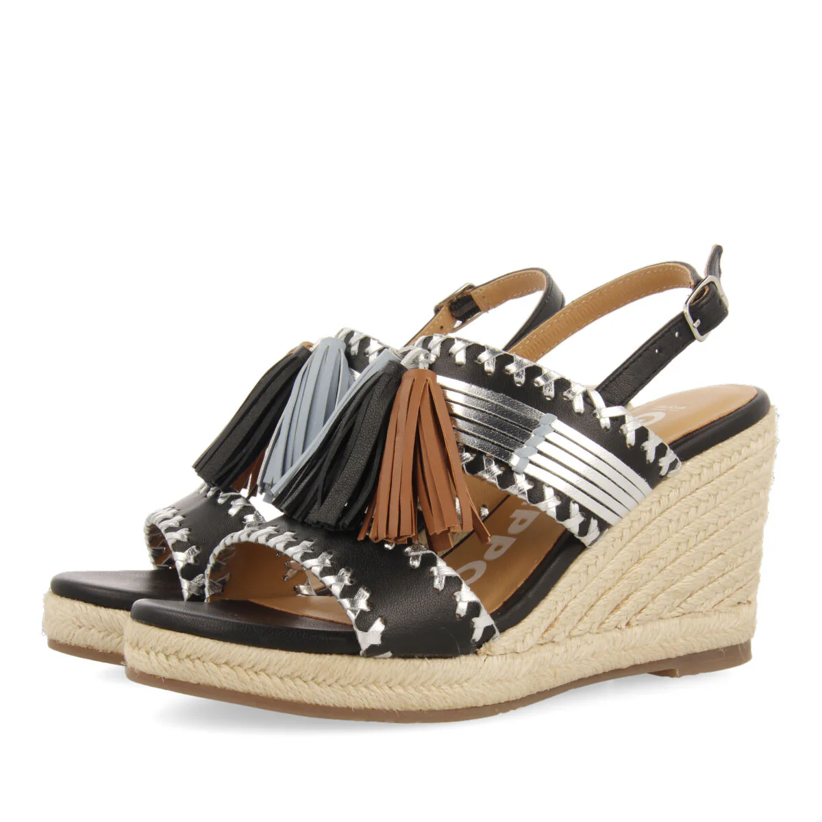 Silvania women's black sandals with decorative stones and jute wedges - Image 2