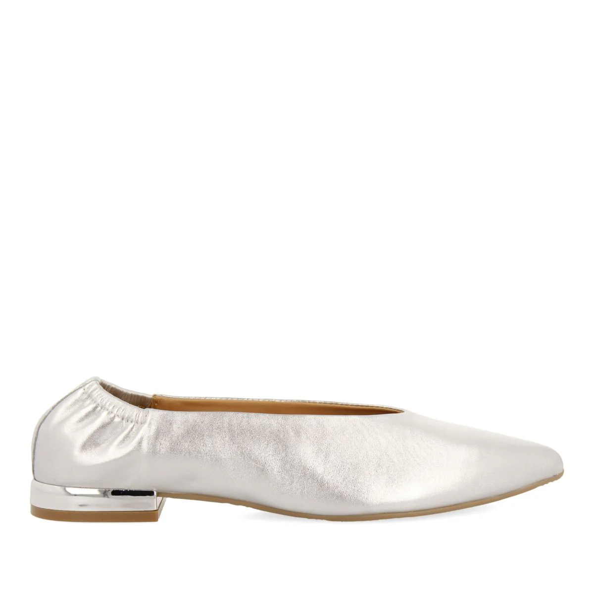 SILVER LEATHER BALLERINAS WITH POINTED TOE AND RUFFLED HEEL FOR WOMEN GUATAY