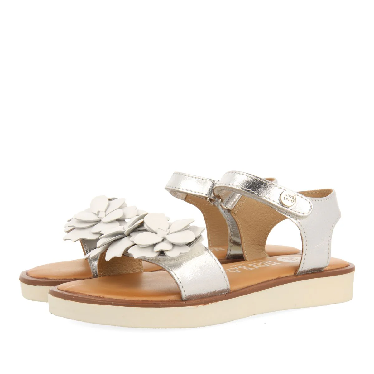 SILVER LEATHER SANDALS WITH FLOWER DECORATION FOR GIRL AND BOY NEHALEM - Image 2