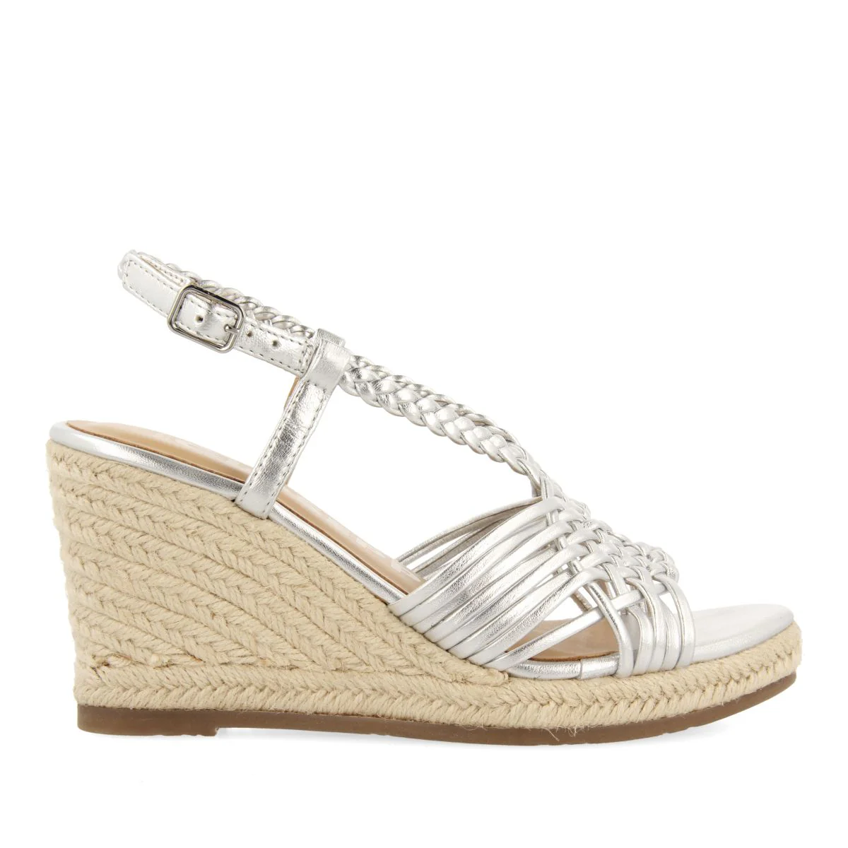 SILVER LEATHER SANDALS WITH STRAPS AND HIGH JUTE WEDGE FOR WOMEN GLIDE