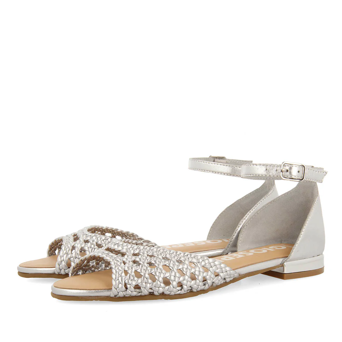 SILVER OPEN-TOE LEATHER BALLET FLATS WITH BRAIDED DETAIL AND ANKLE STRAP CLOSURE FOR WOMEN MAUPIN - Image 3