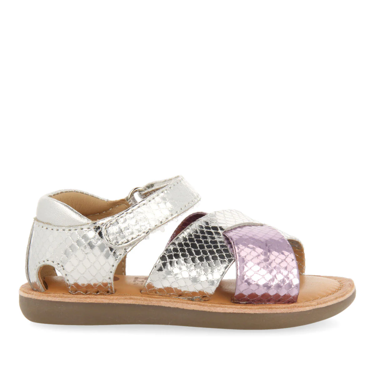Tame girls metallic silver and animalrint two tone sandals