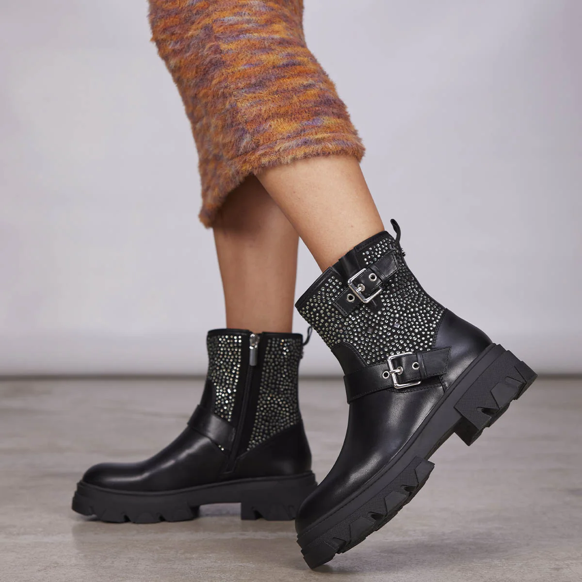Tyndall women's black biker boots with decorations, buckles and track soles - Image 2