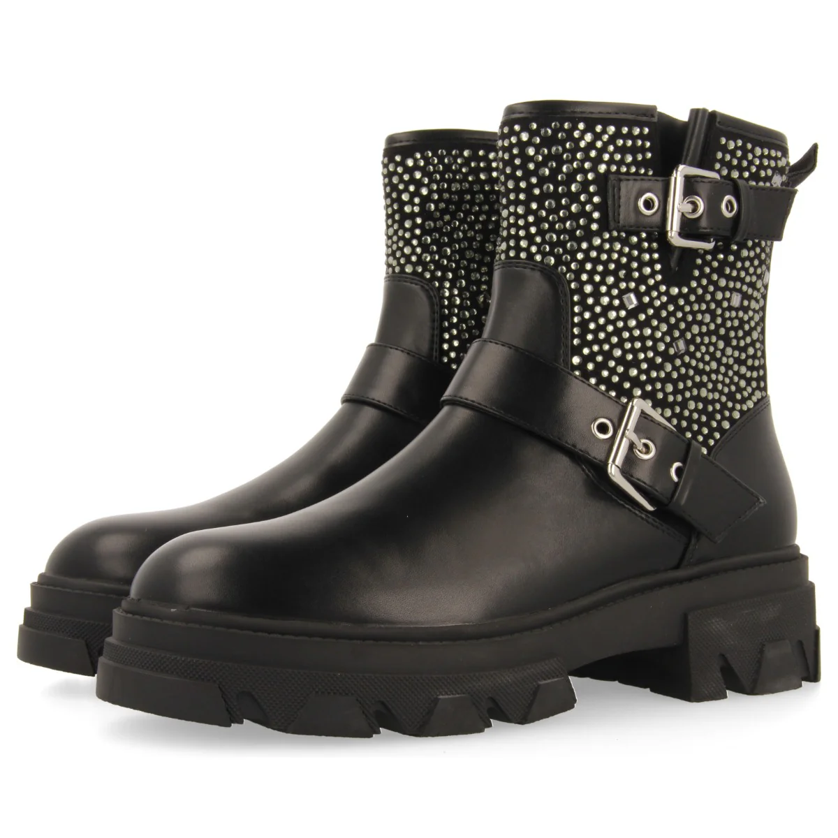 Tyndall women's black biker boots with decorations, buckles and track soles - Image 3