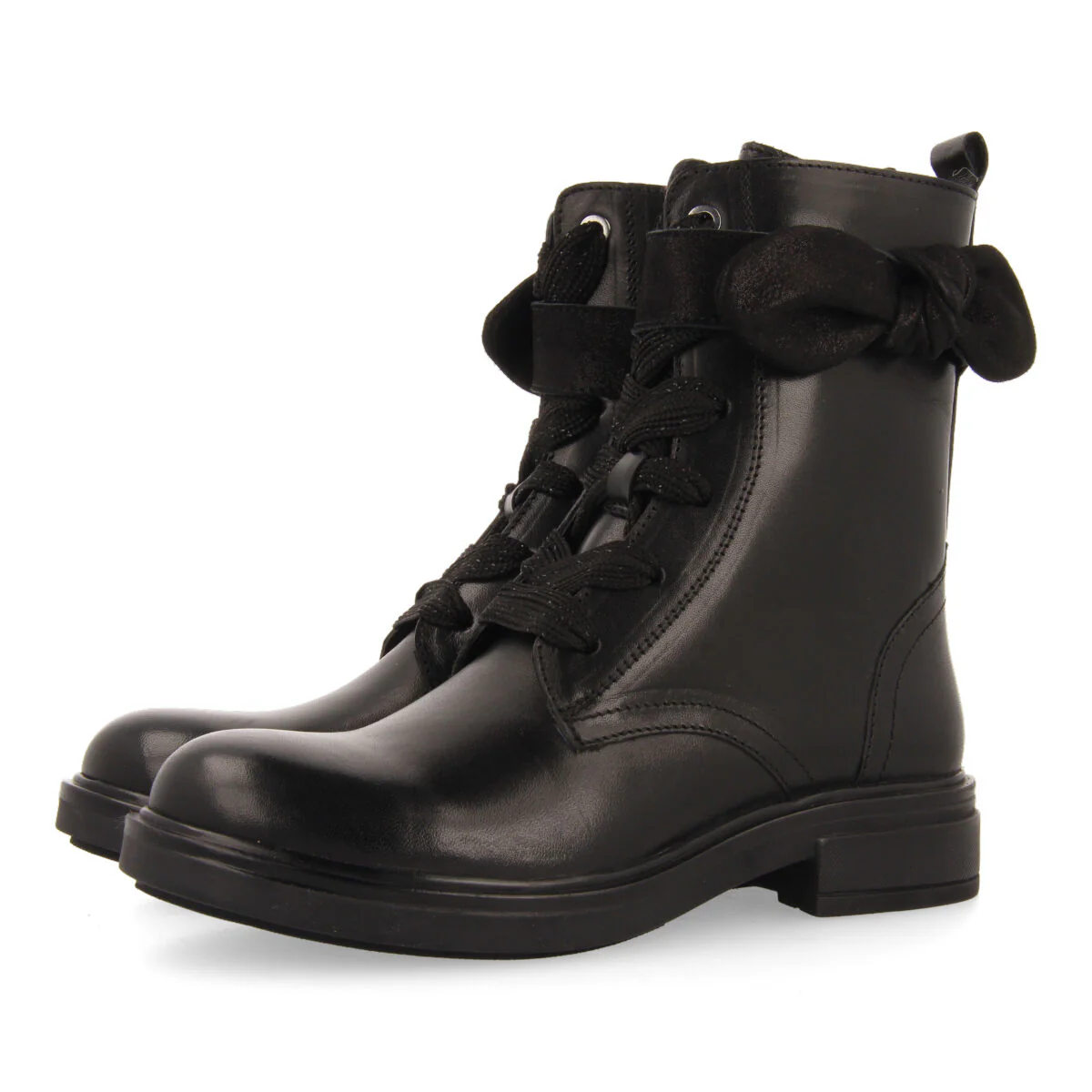 Vian children's black leather lace-up ankle boots with decorative bow - Image 2